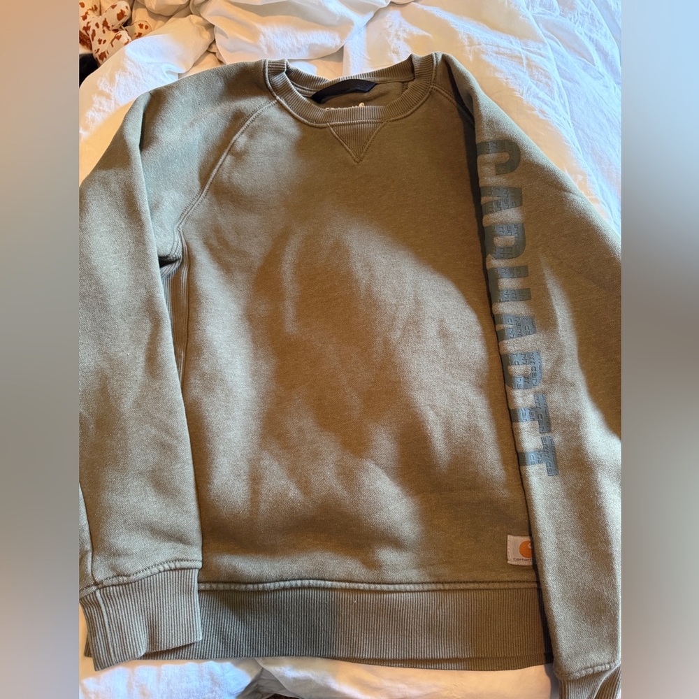 Carhartt Women's Olive Crewneck Sweatshirt with Sleeve Logo